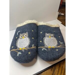 Lands End Womens Owl Embroidered Wool Blend Felt Scuff Slippers Navy Blue